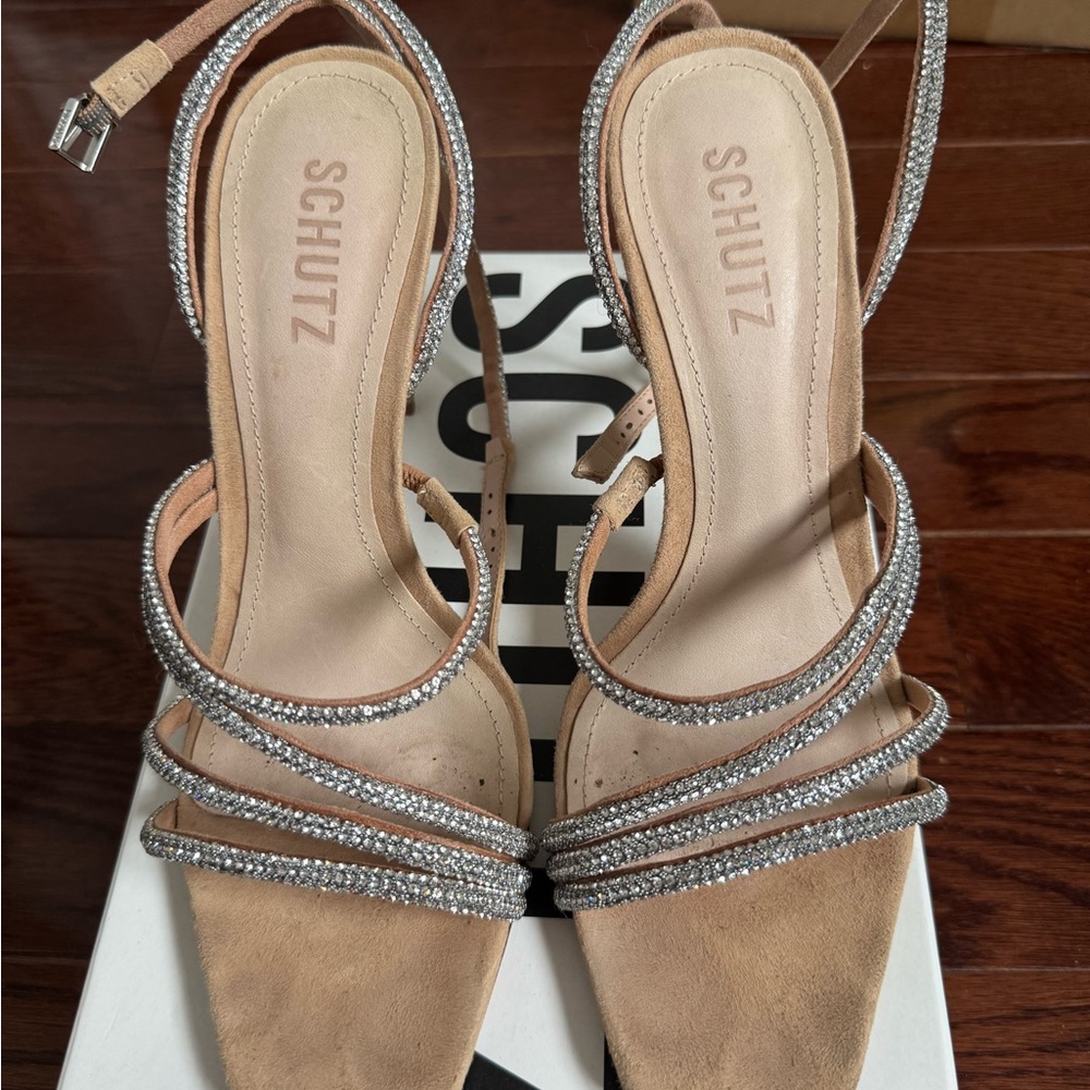 SCHUTZ Tan and Silver Heels with Rhinestone Straps